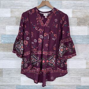 Knox Rose Floral Crochet Lace Peasant Blouse Burgundy Bell Sleeve Womens XS